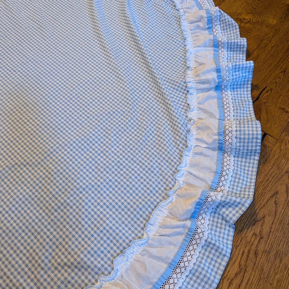 Vintage Blue and White Gingham Round Tablecloth with Ruffled Edge